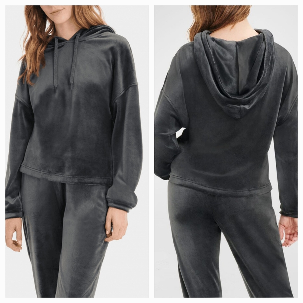 Ugg Women's "Belden" Velour Long-Sleeve Hoodie Sweater Size L Charcoal Grey